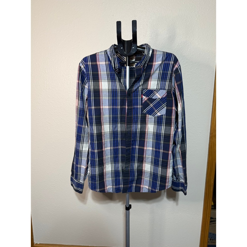 Levis‎ Mens Large Blue Plaid Long Sleeve Button Down Shirt Red Tab Pocket